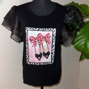 LOVE J Women’s Black T-Shirt Tulle Sleeves Bejeweled Pairs Heels Top Size Large
